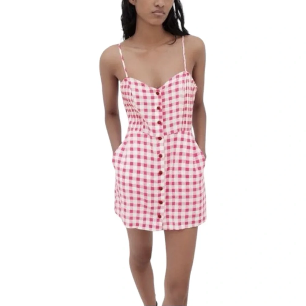 ZARA Pink Gingham Romper/ Mini Dress Sz M Linen Blend Playsuit Sweetheart  White